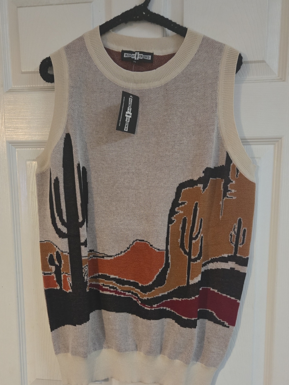Rowdy Crowd Cream Desert Cactus Knit Vest with Rust & Black Accents
